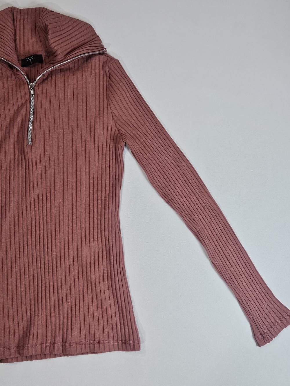 Tahari Ribbed Quarter Zip Sweater Womens Large Mauve Fitted Preppy Academia - Picture 2 of 7